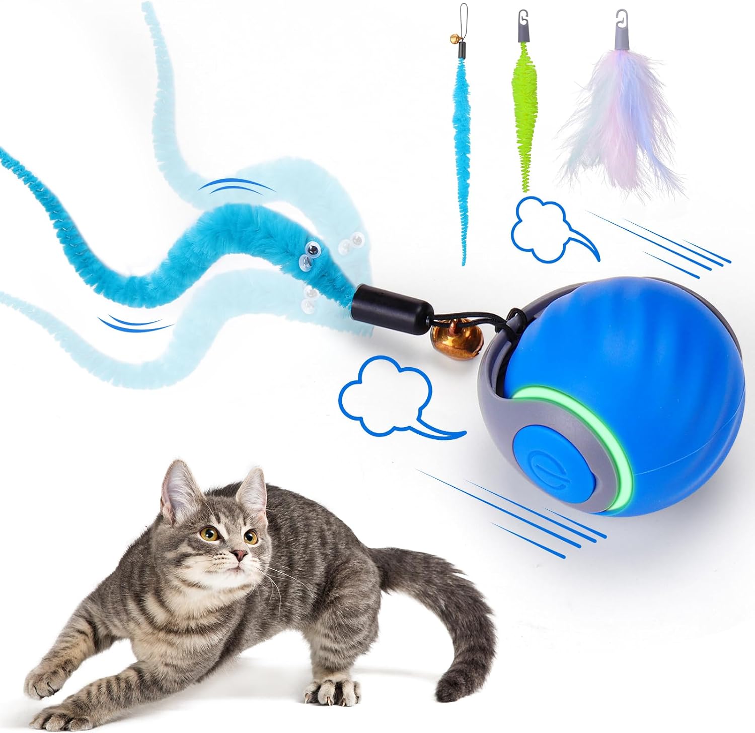 Interactive Cat Toy Ball – Automatic Interactive Cat Toys for Indoor Cats with 3 Tails, 2 Speeds Rechargeable Cat Enrichment Toys for Small/Medium/Large Cats to Keep Them Busy(Blue)